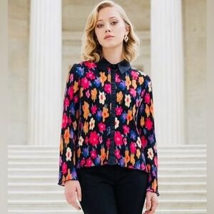 GUC Unbranded SZ L black/multicolored floral button-up blouse/bust 48”/PTP 24”